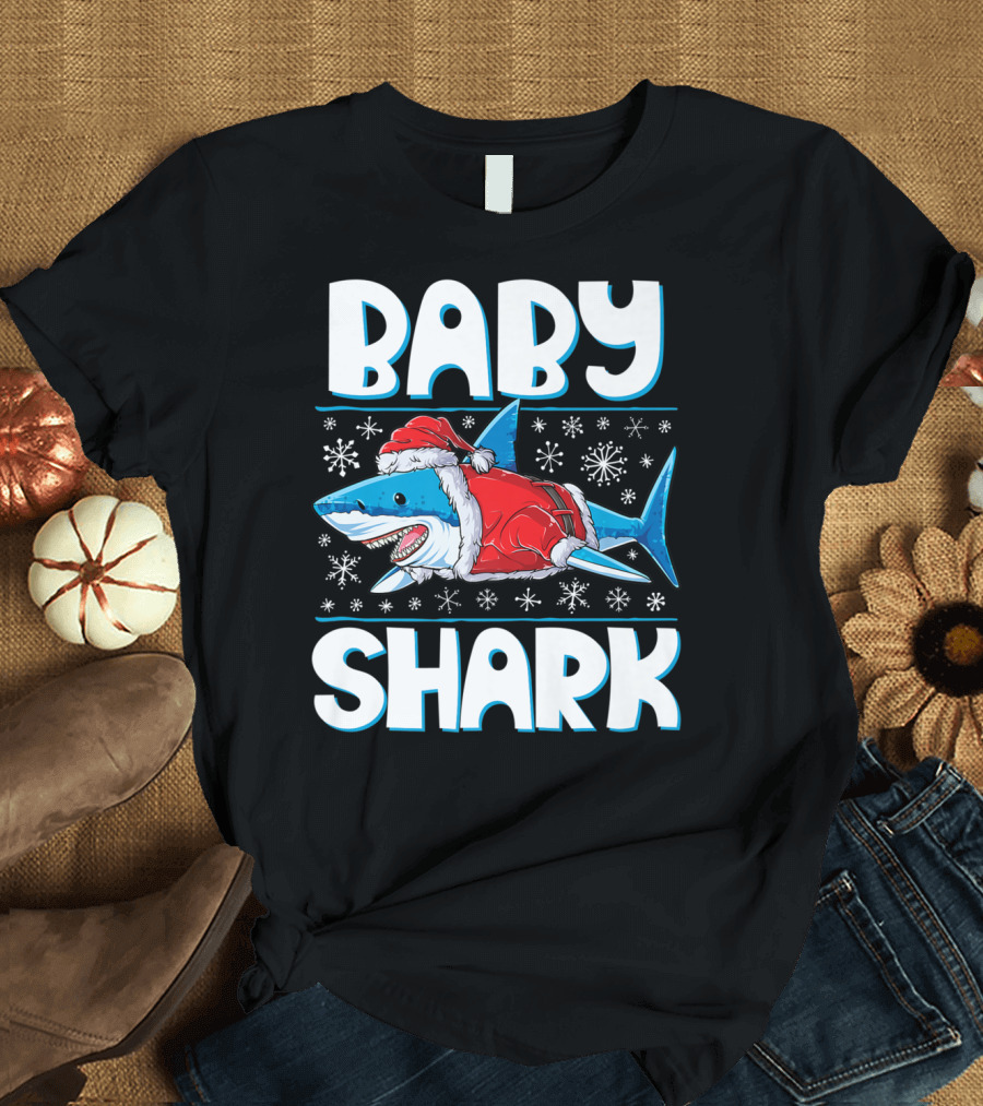 BABY SHARK Santa Hat Christmas Snowflakes T-Shirt