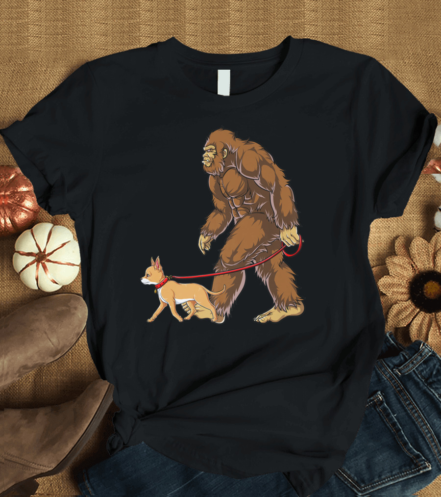 Bigfoot Walking Chihuahua Sasquatch Graphic for Kids and Men T-Shirt