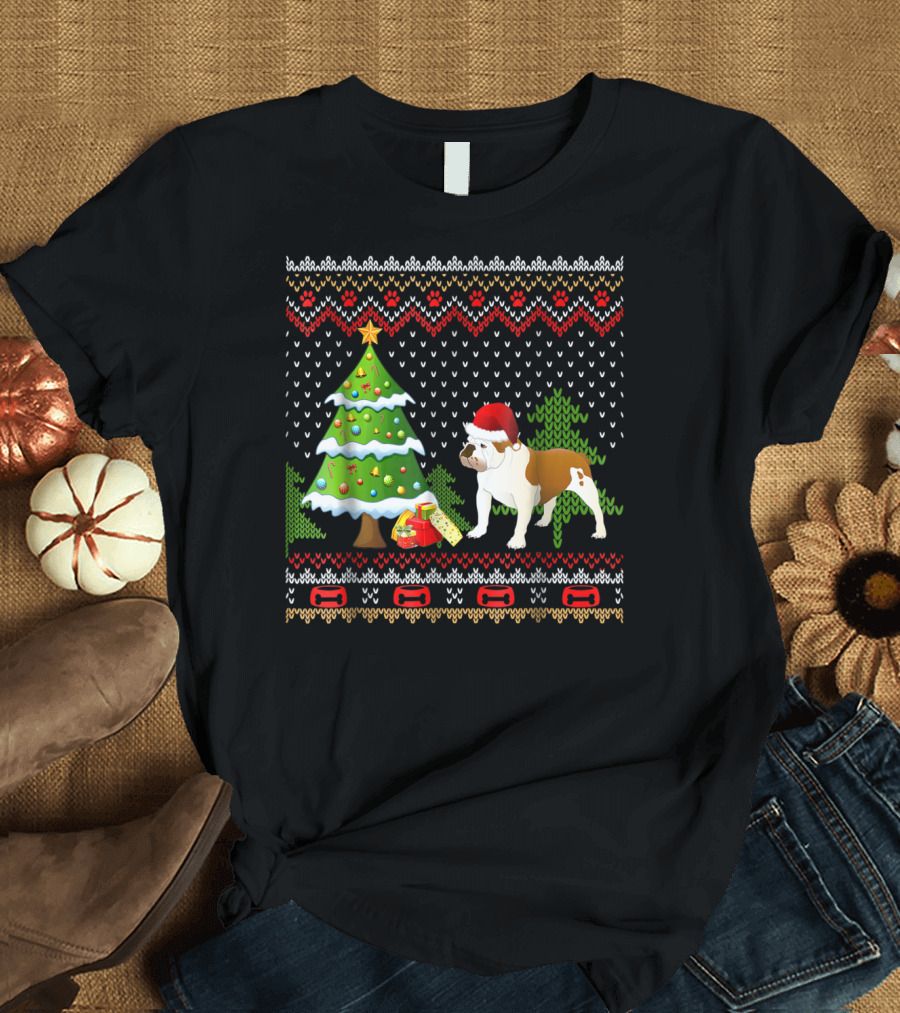 Bulldog Santa Christmas UglyDog Sweater Winter Festive Tree T-Shirt
