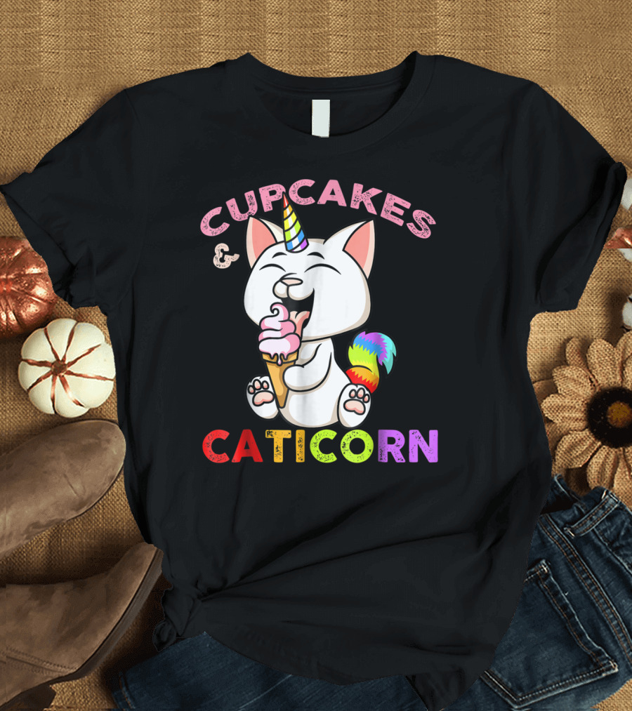 Cupcakes and Caticorn Rainbow Tail Unicorn Cat Eating Ice Cream Cone T-Shirt