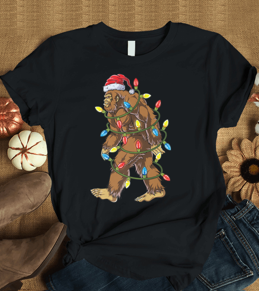 Bigfoot Wrapped in Xmas Tree Lights with Santa Hat T-Shirt