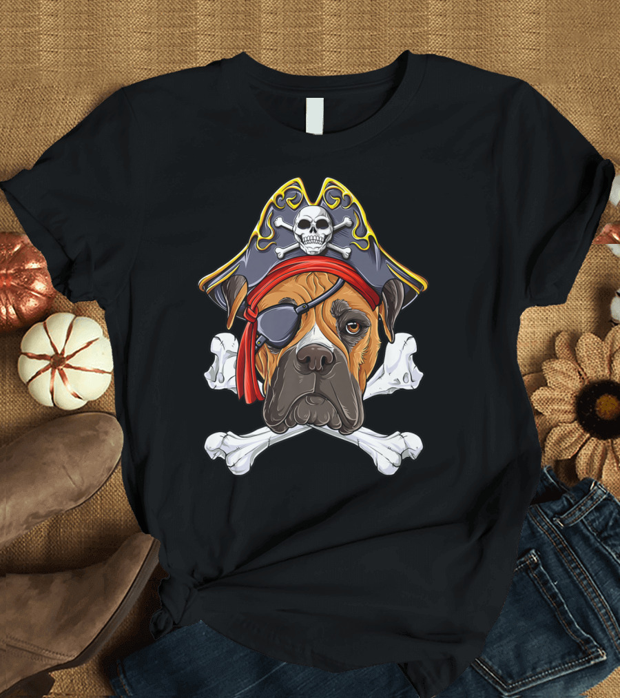 Boxer Pirate Jolly Roger Flag Skull And Crossbones Hat Eye Patch T-Shirt