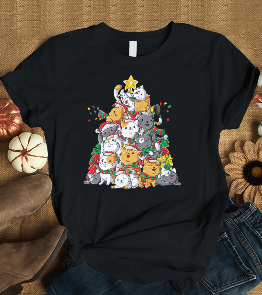 Meowy Catmas Christmas Cats Xmas Tree with Hats and Lights T-Shirt