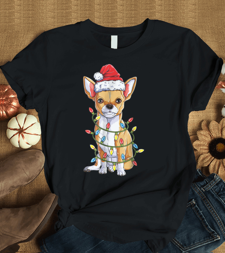 Chihuahua with Santa Hat and Christmas Tree Lights T-Shirt