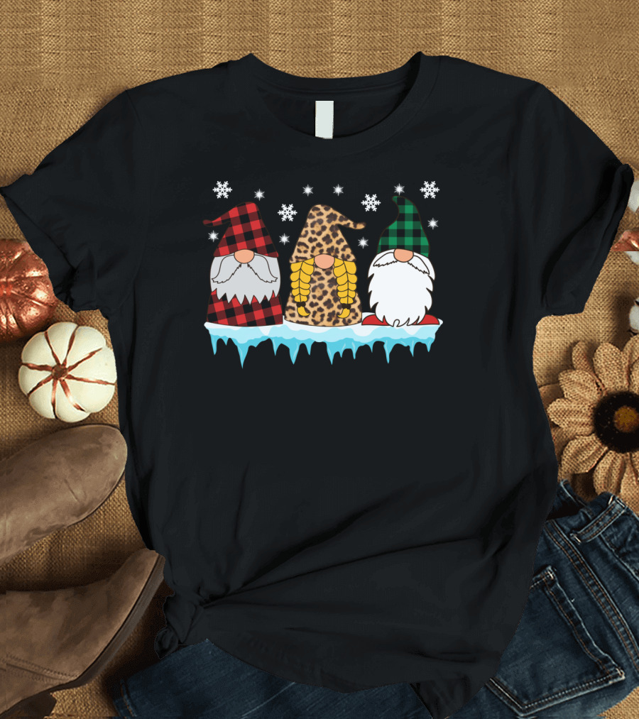 Gnome Christmas Leopard Plaid Snowflake Trio Matching Group T-Shirt