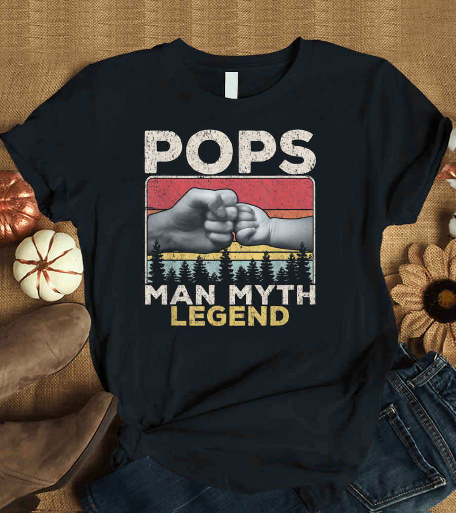 Pops Man Myth Legend Vintage Mens Dad Fist Bump Retro Forest Sunset T-Shirt