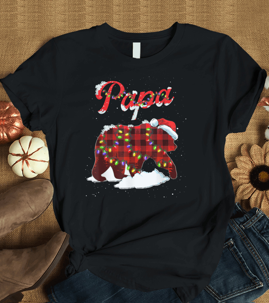Papa Bear Red Plaid Christmas Lights and Santa Hat T-Shirt