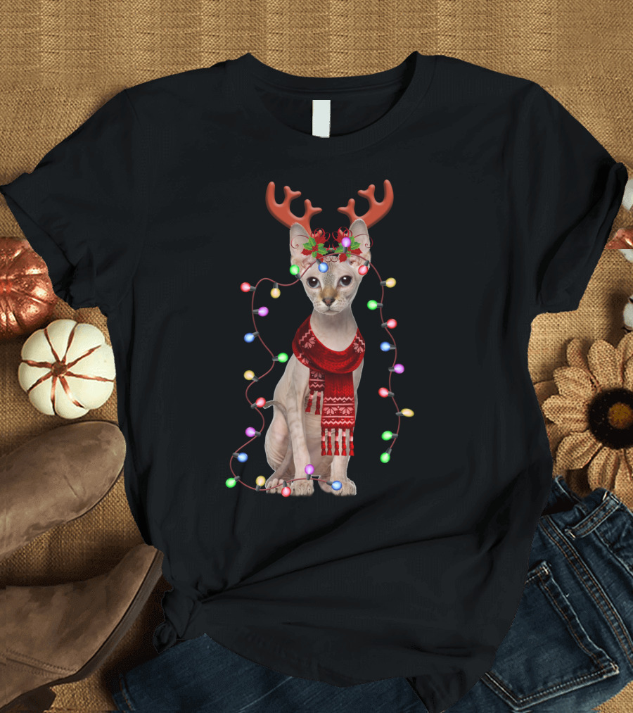Santa Sphynx Cat Gorgeous Reindeer Antlers Festive Light Strands T-Shirt