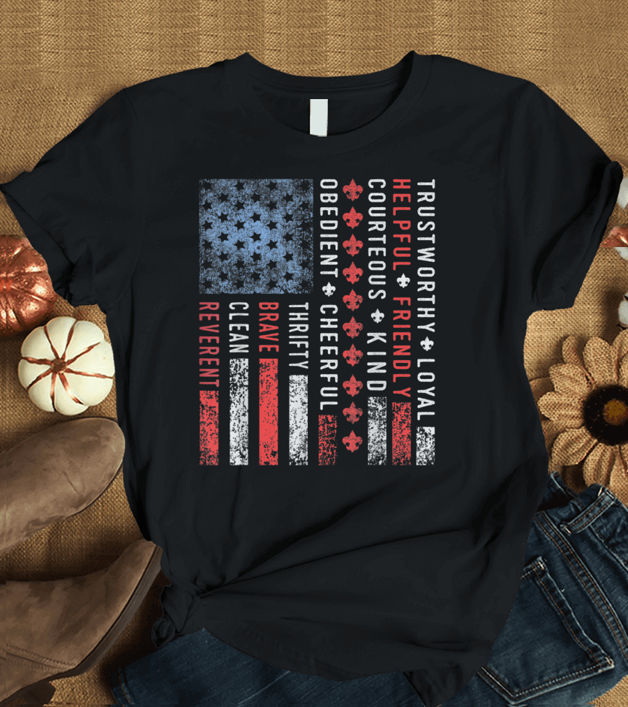 Trustworthy Loyal Friendly Helpful Brave Obedient Scout Law Vintage US America Flag T-Shirt