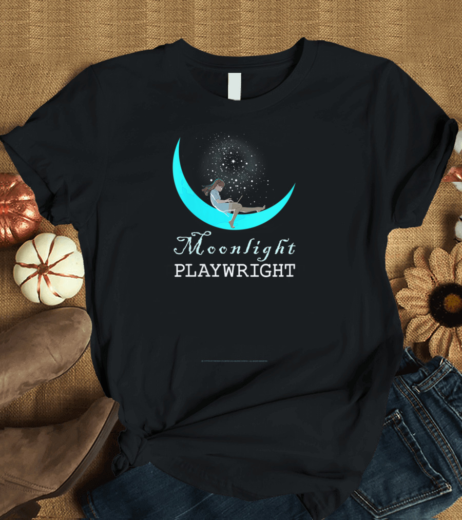 Moonlight Writer on Crescent Moon Under Starry Night Sky T-Shirt
