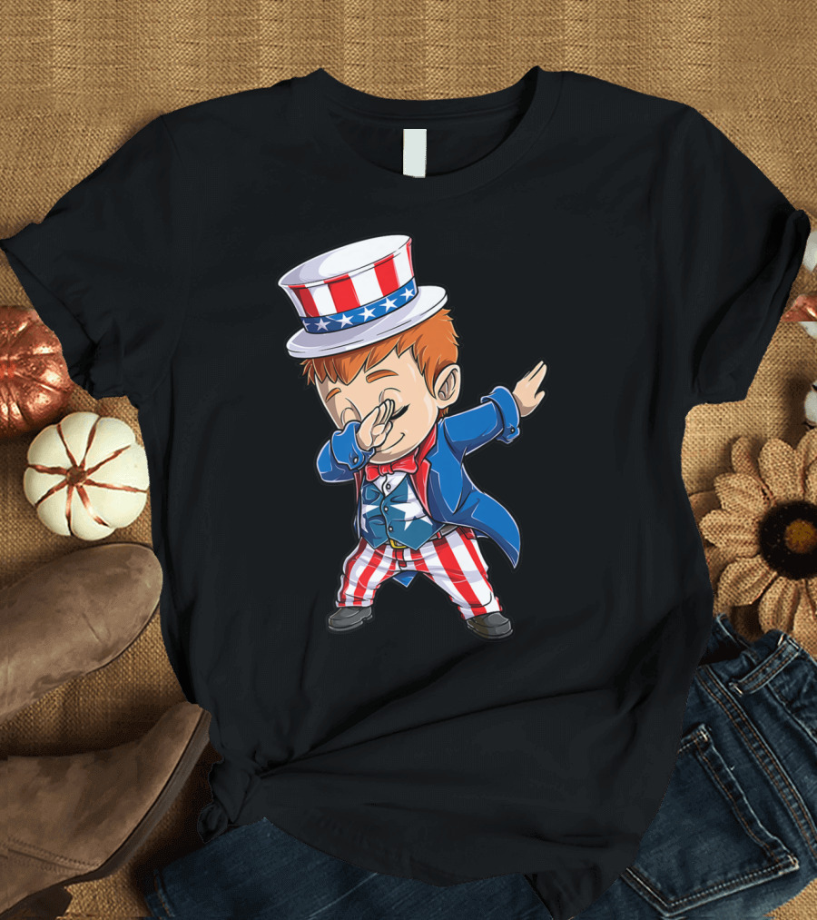 Dabbing Uncle Sam Boy 4th of July Celebration Cartoon Character T-Shirt