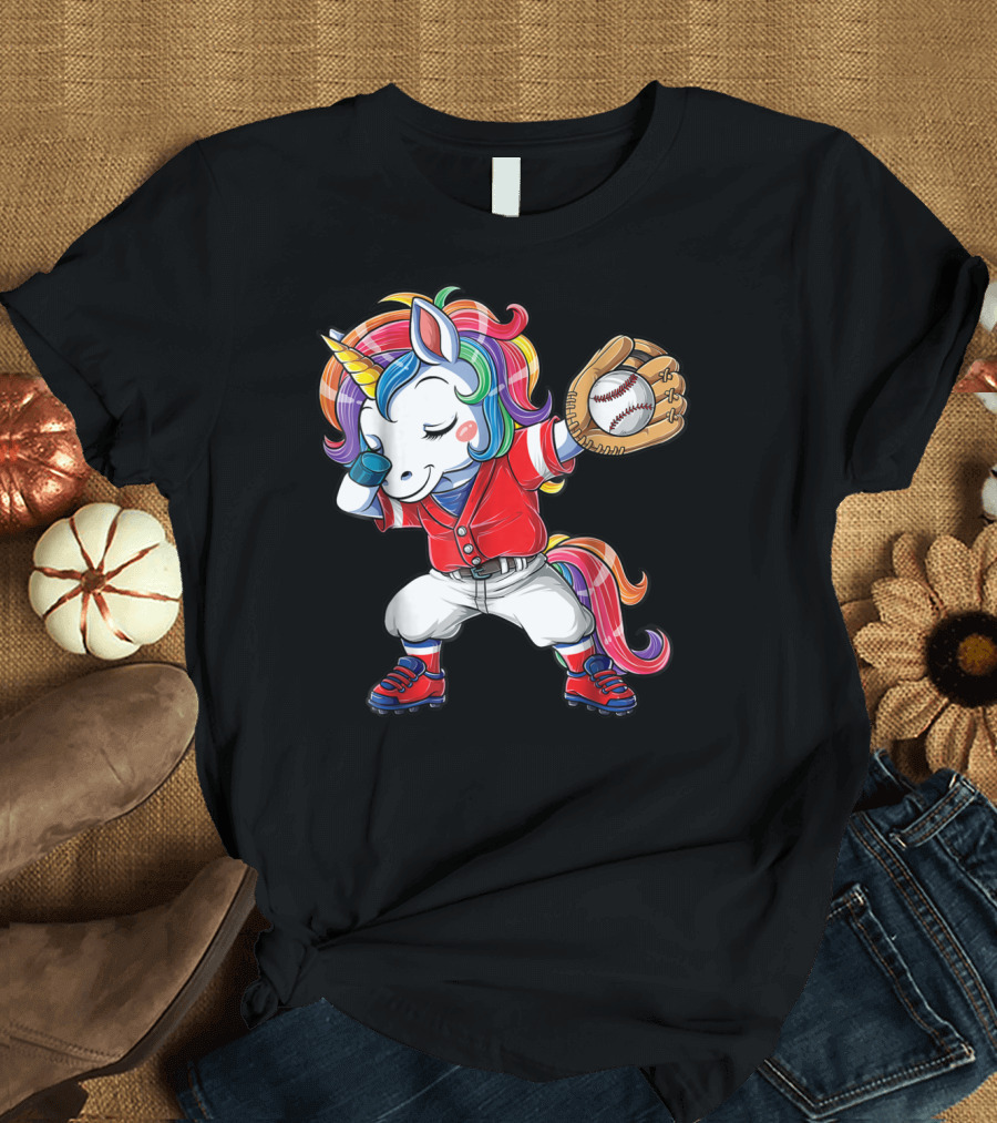Dabbing Unicorn in Rainbow Baseball Outfit Holding Ball T-Shirt