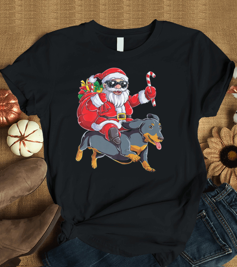 Santa Claus Riding Dachshund with Candy Cane and Presents T-Shirt