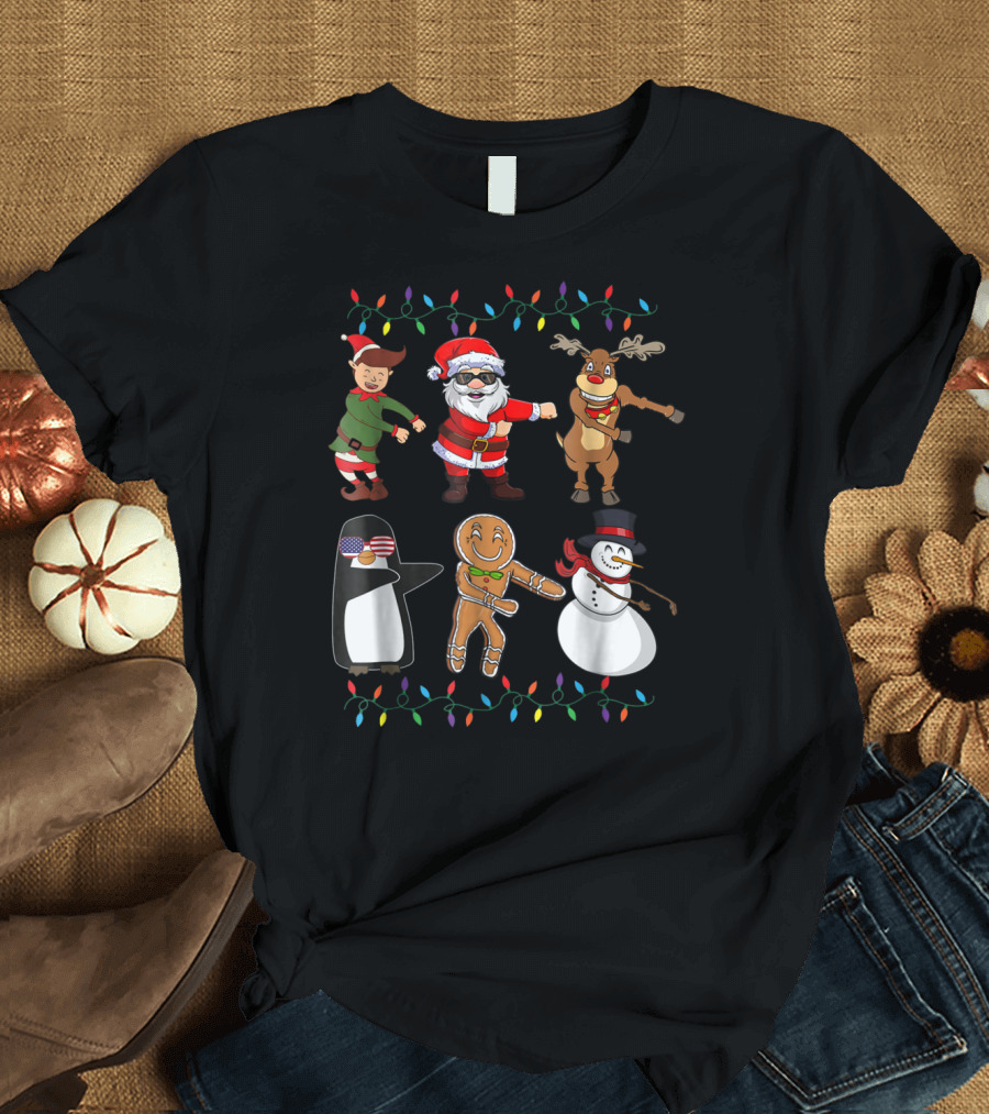 Floss Like A Boss Santa Elf Reindeer Penguin Gingerbread Snowman Christmas Lights T-Shirt
