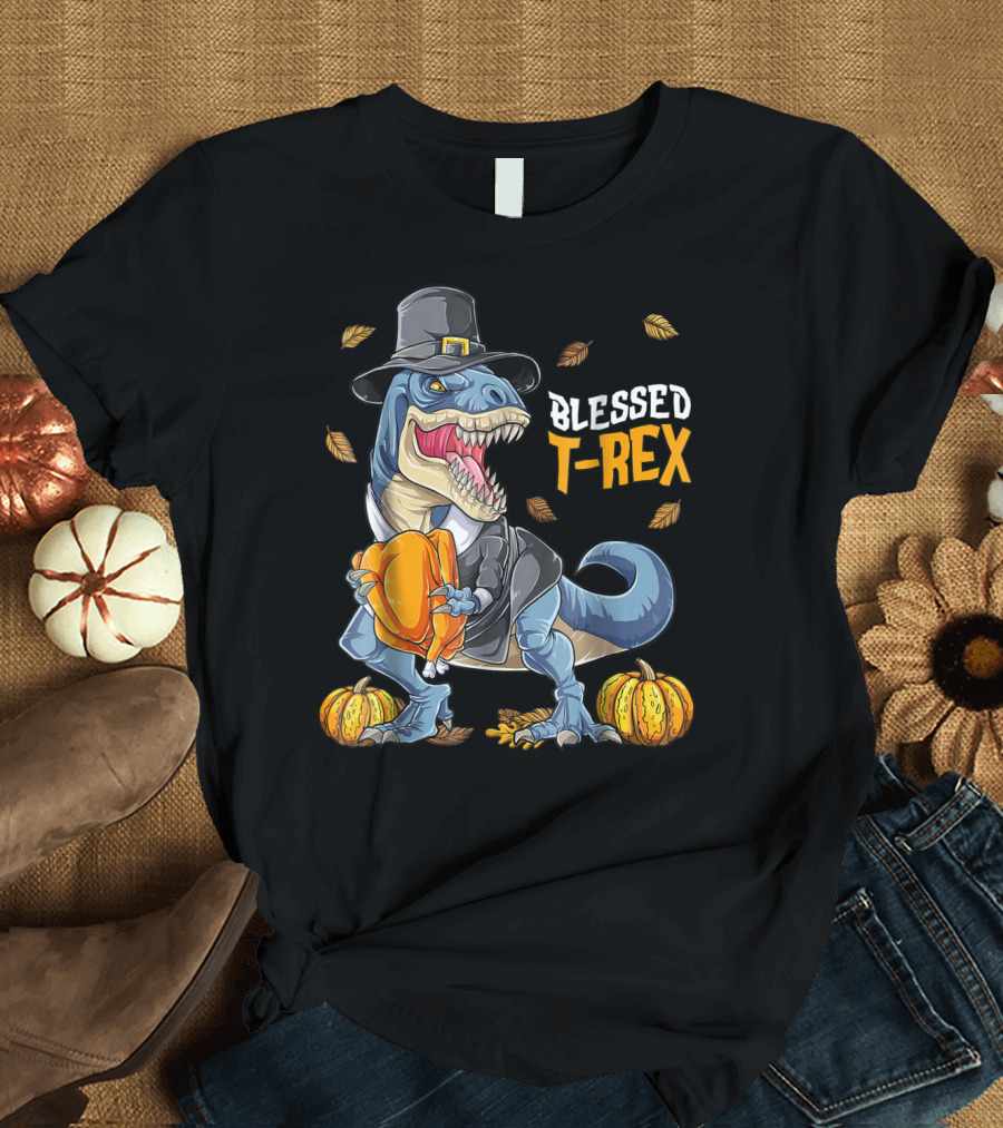 Blessed T-Rex Thanksgiving Pilgrim Dinosaur with Pumpkins T-Shirt