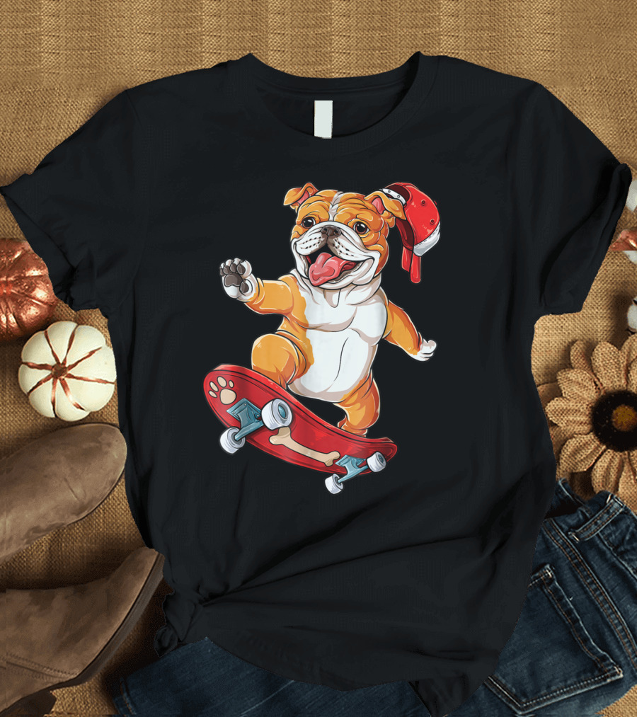 English Bulldog with Red Cap Skating on Bone Deck Skateboard T-Shirt