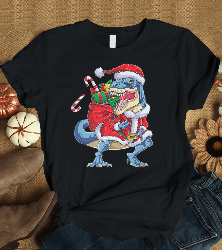 Dinosaur Christmas Boys Santa Rex with Candy Canes and Gifts T-Shirt