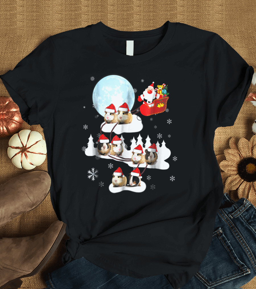 Santa Sleigh with Christmas Guinea Pigs and Snowflakes T-Shirt