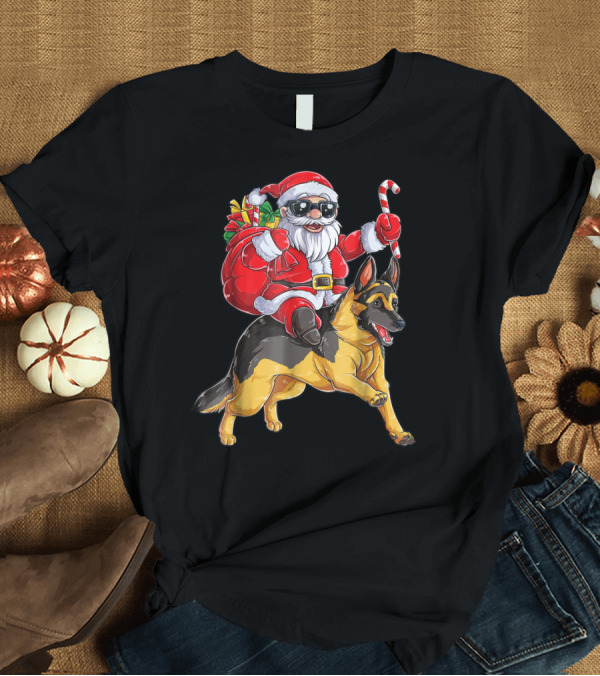 T-Shirt: German Shepherd Christmas Santa Claus Riding with Candy Cane Woofmas T8 T-Shirt German Shepherd Christmas Santa Claus Riding with Candy Cane Woofmas T8 T-Shirt