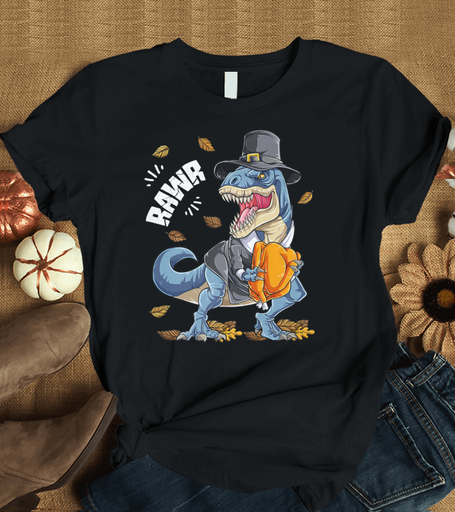 RAWR Dinosaur Thanksgiving Pilgrim T-Rex With Turkey Leaves T-Shirt