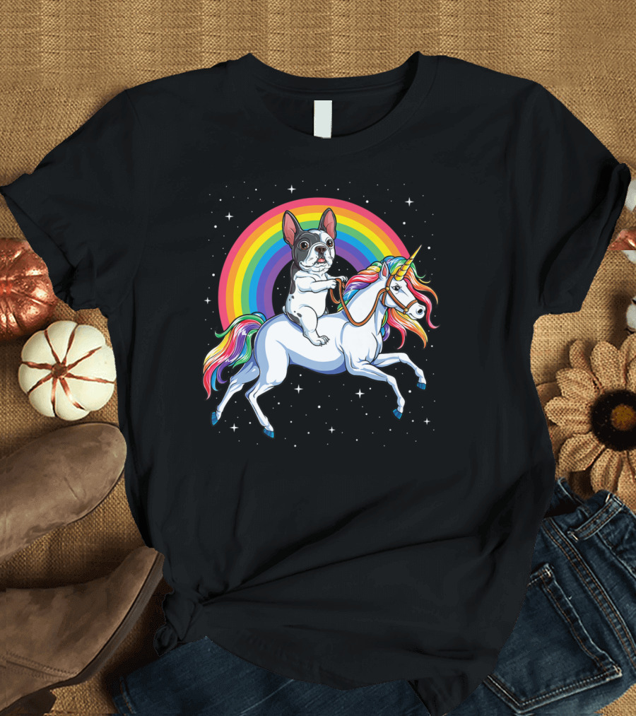French Bulldog Riding Unicorn Rainbow Space Galaxy T-Shirt
