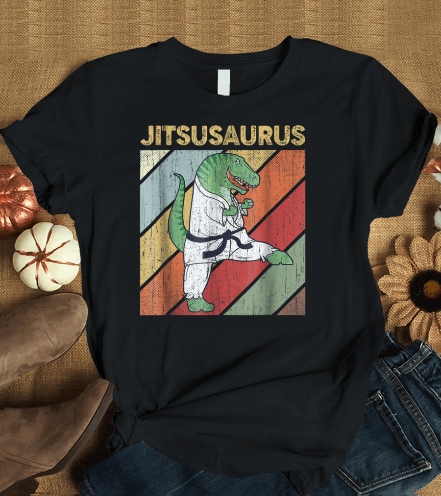 Jitsusaurus Dinosaur in Martial Arts Gi with Vintage Stripes T-Shirt