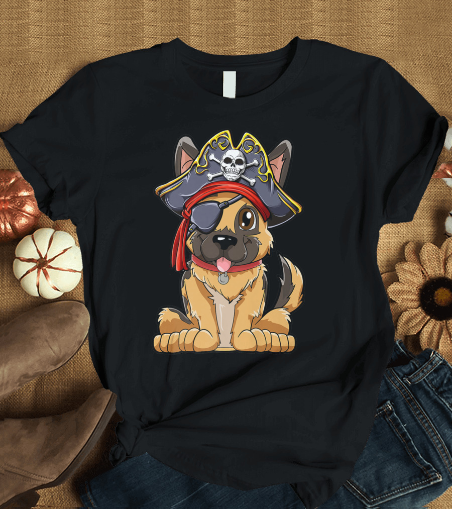 German Shepherd Pirate with Jolly Roger Skull Crossbones and Eyepatch T-Shirt