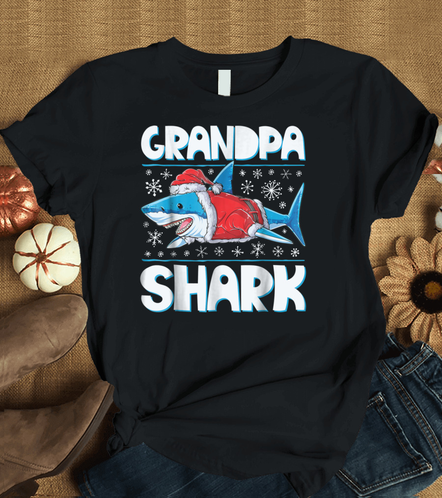 Grandpa Shark Santa with Snowflakes T-Shirt