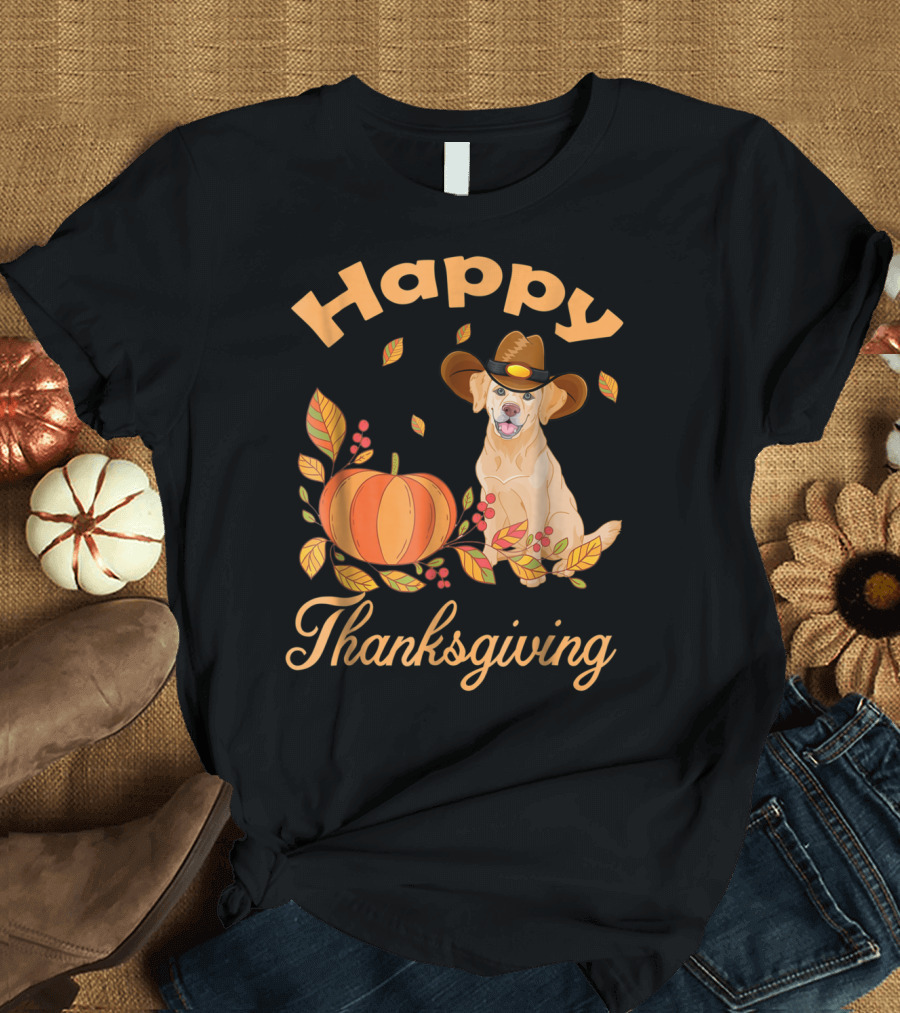 Happy Thanksgiving Golden Retriever with Pumpkin and Leaves T-Shirt
