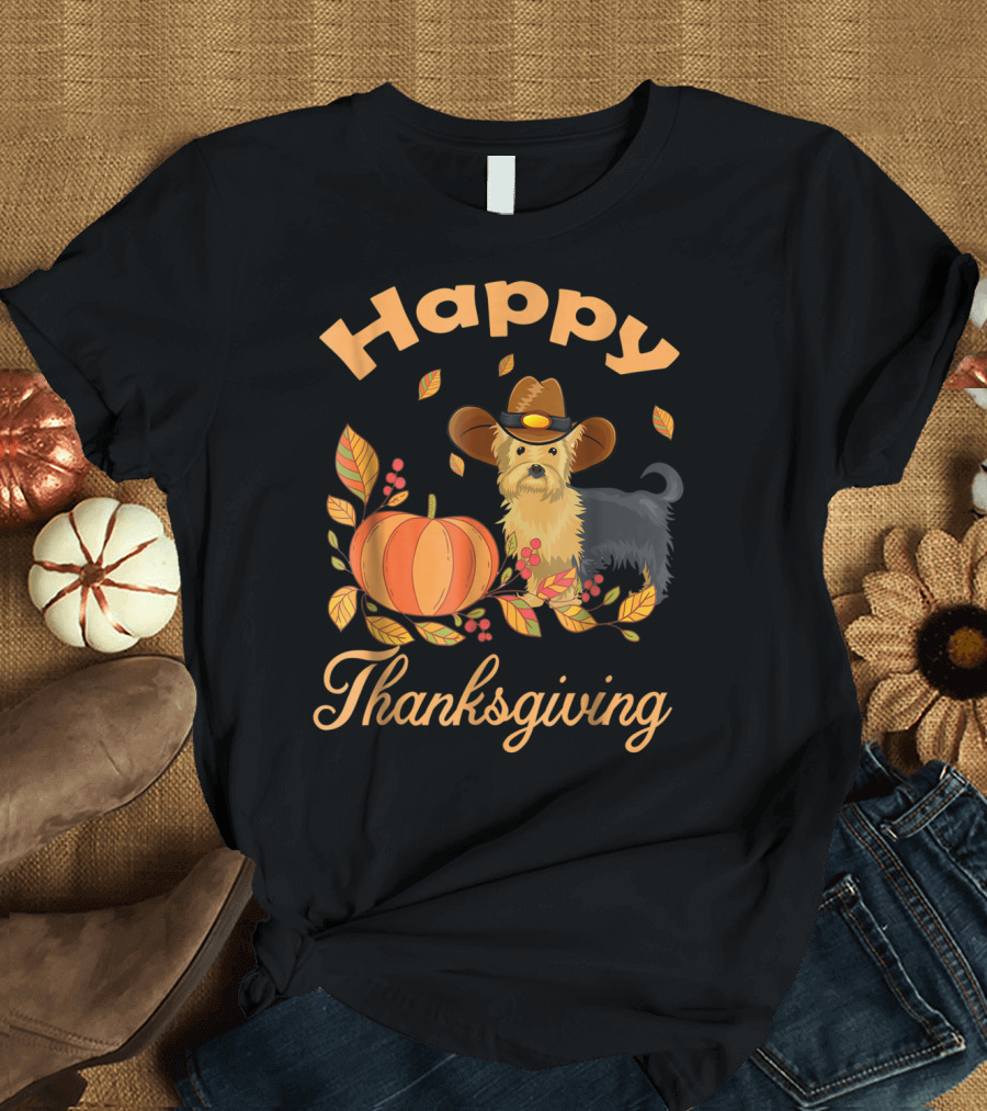 Happy Thanksgiving Yorkie with Pilgrim Hat and Autumn Pumpkin Leaves T-Shirt