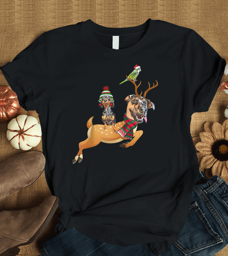 At's Andy And Thanri Reindeer Dog Duo with Santa Parrot T-Shirt