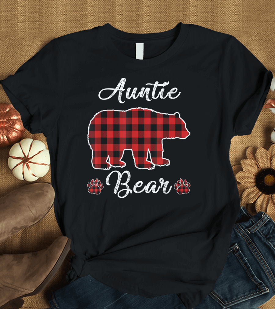 Auntie Bear Red Plaid Buffalo Christmas T-Shirt
