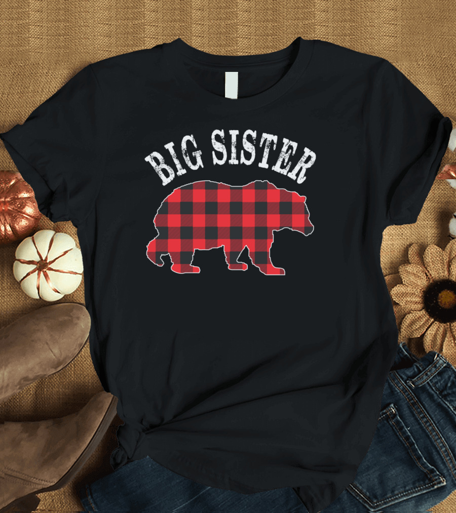 Big Sister Bear Red Black Buffalo Plaid T-Shirt