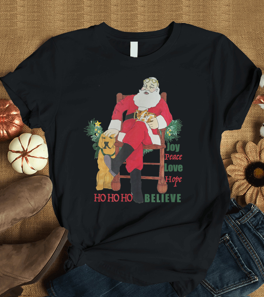 Christmas Santa with Dog and Cat Joy Peace Love Hope Believe Ho Ho Ho T-Shirt