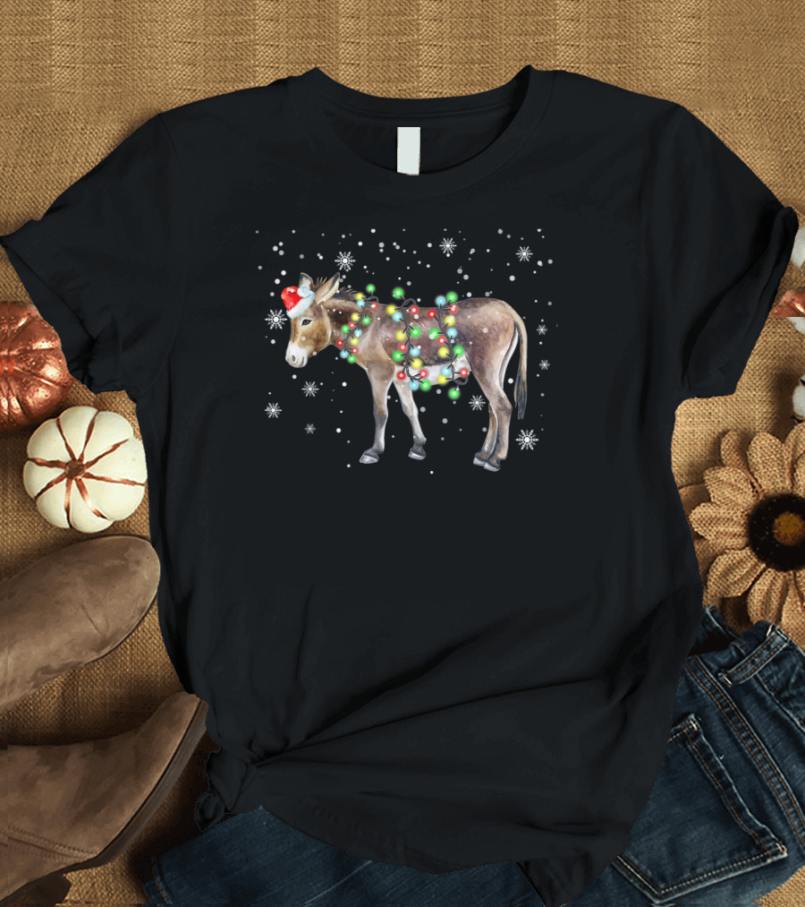 Donkey Christmas Santa Hat Colorful Lights Snowflakes Xmas T-Shirt