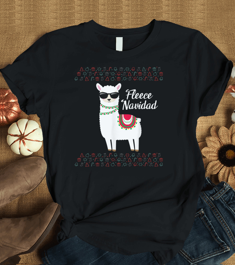 Fleece Navidad Feliz Navidad Llama Sunglasses Holiday Icons T-Shirt