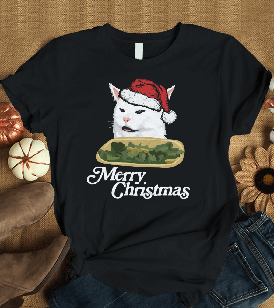 Merry Christmas Funny Arguing White Cat Santa Hat T-Shirt
