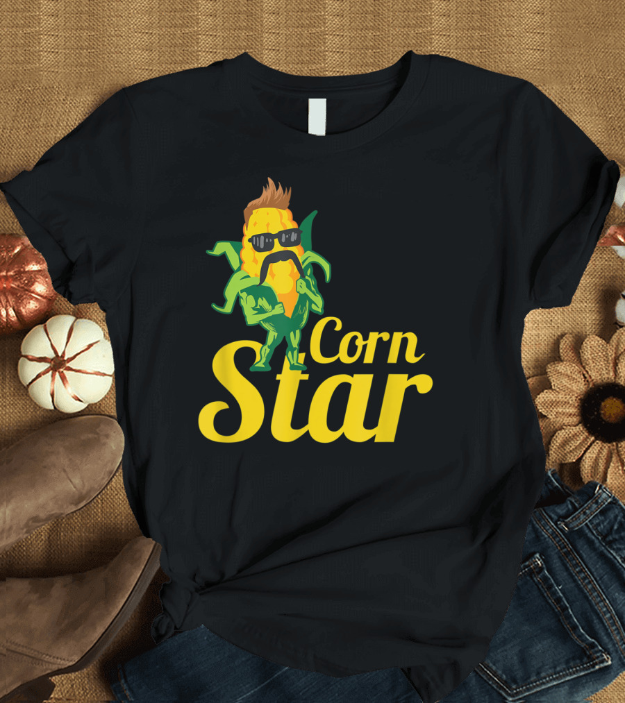 Funny Corn Star with Sunglasses and Mustache Maize Character T-Shirt