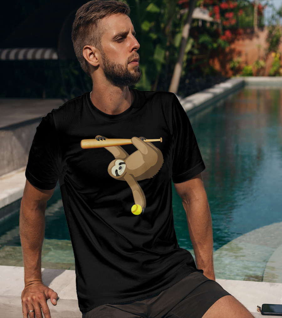 Funny Lazy Sloth Playing Baseball Softball With Bat And Ball T-Shirt