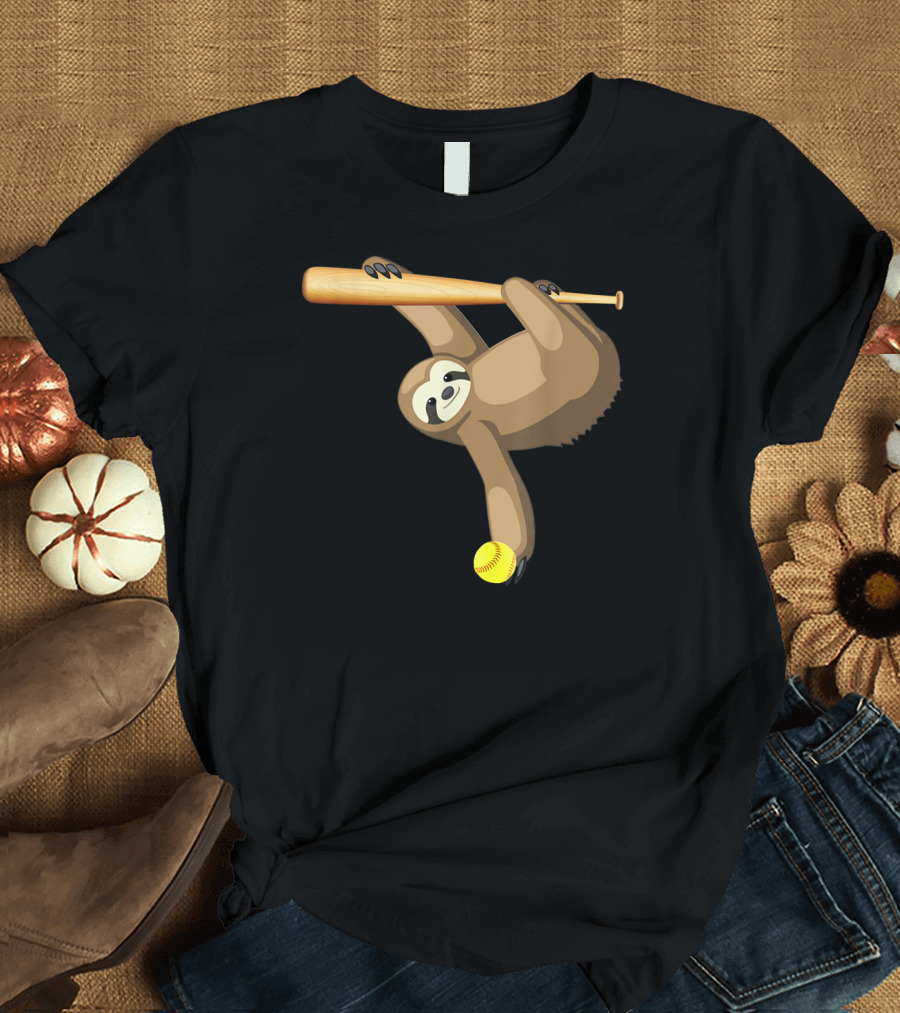 Funny Lazy Sloth Playing Baseball Softball With Bat And Ball T-Shirt