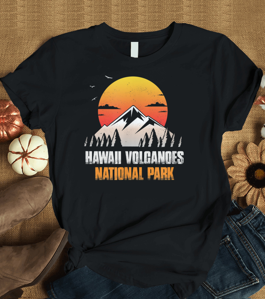 Hawaii Volcanoes National Park Sunset Mountain Landscape with Birds T-Shirt