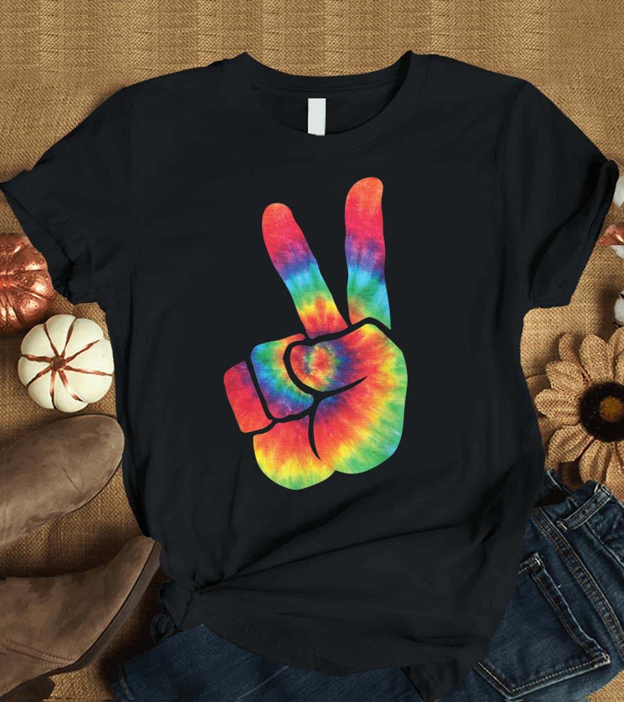 Hippie Tie Dye Peace Hand Colortone Rainbow T-Shirt