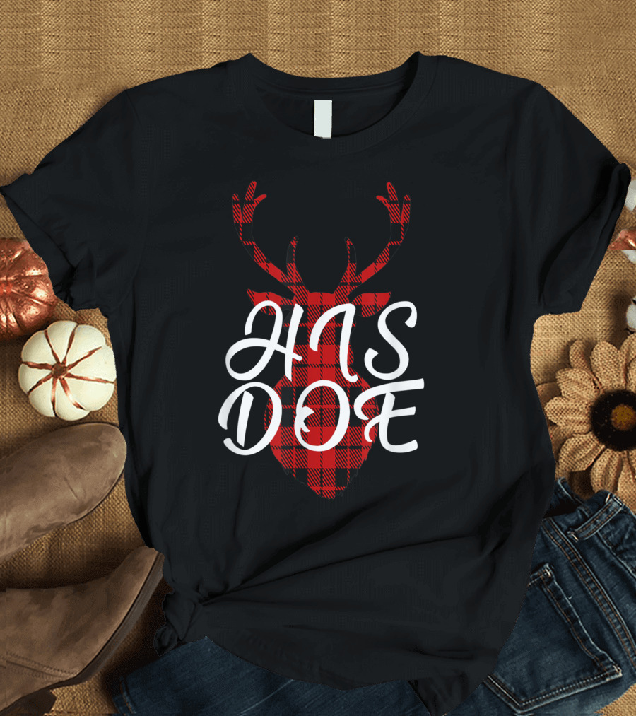 His Doe Couples Matching Red Buffalo Plaid Deer Head T-Shirt