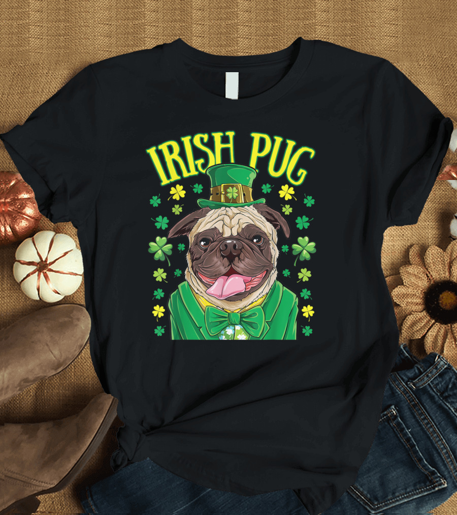 Irish Pug Leprechaun St Patricks Day Boys Dog Shamrock Hat Bow Tie T-Shirt
