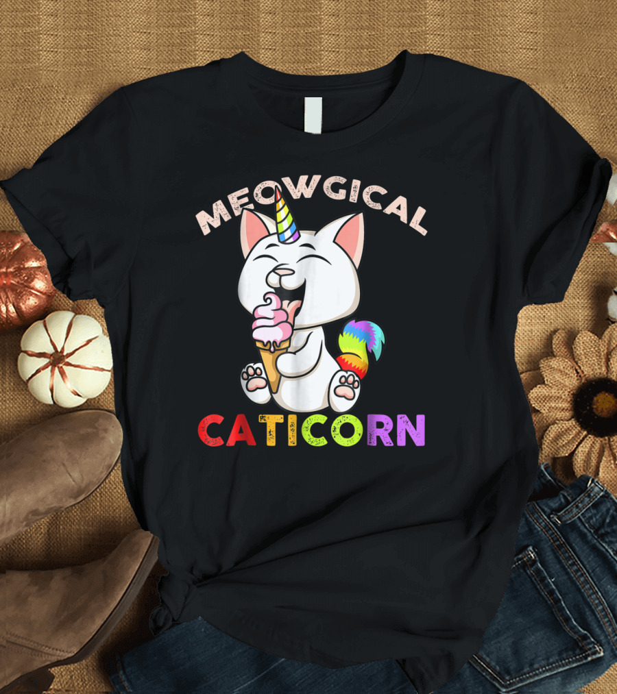 Meowgical Caticorn Rainbow Cat Unicorn Eating Ice Cream Cone T-Shirt