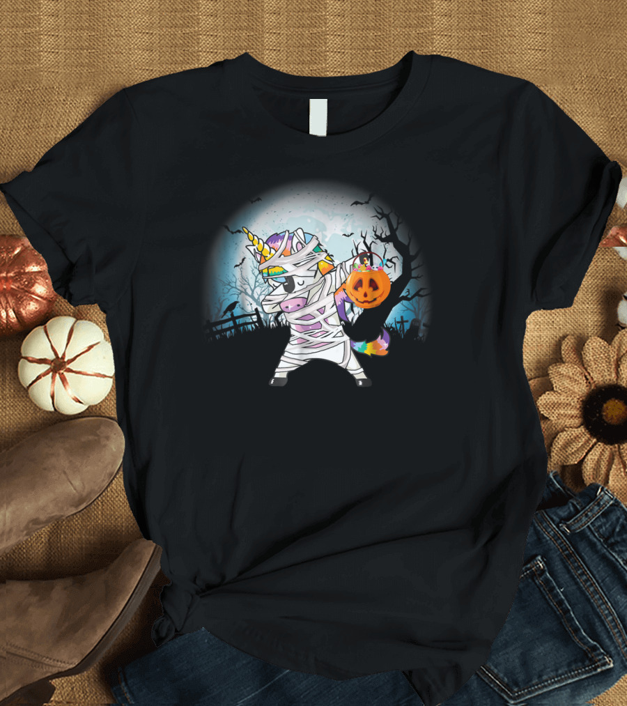 Halloween Mummy Unicorn Dabbing with Pumpkin Basket T-Shirt
