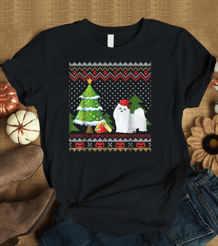 Maltese Santa Christmas UglyDog with Festive Tree and Gifts T-Shirt