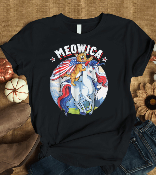 T-Shirt: Meowica Cat Riding Patriotic Unicorn with American Flag for 4th of July T-Shirt Meowica Cat Riding Patriotic Unicorn with American Flag for 4th of July T-Shirt