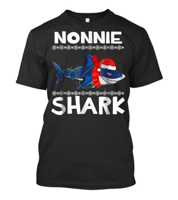 Nonnie Shark Christmas Family With Santa Hat And Scarf T-Shirt