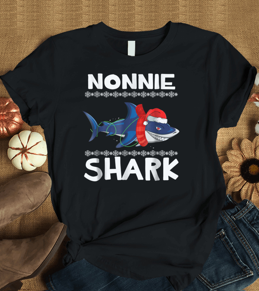 Nonnie Shark Christmas Family with Santa Hat and Scarf T-Shirt